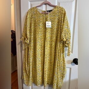 DAVI & DANI Yellow Floral Lined Dress with Tie Sleeves Sz 1x PTP 26”